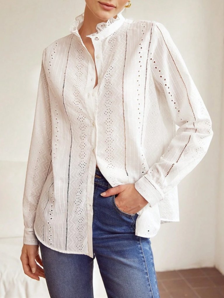 White Eyelet Lace Ruffle Collar Button-Up Blouse
